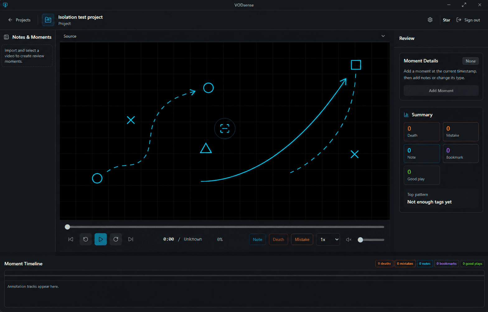 VODsense desktop workspace showing annotation tools, a neutral review surface, and a moment timeline